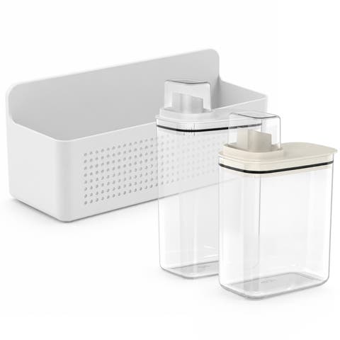 Clear Airtight 50oz & 77oz Laundry Dispenser Set with Measuring Caps and Wall Mounted Storage Basket, 3 Piece Organizer