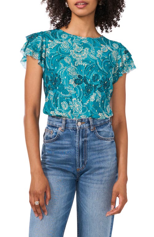 Vince Camuto Women's Metallic Paisley Flutter-sleeve Top In Cool Lapis