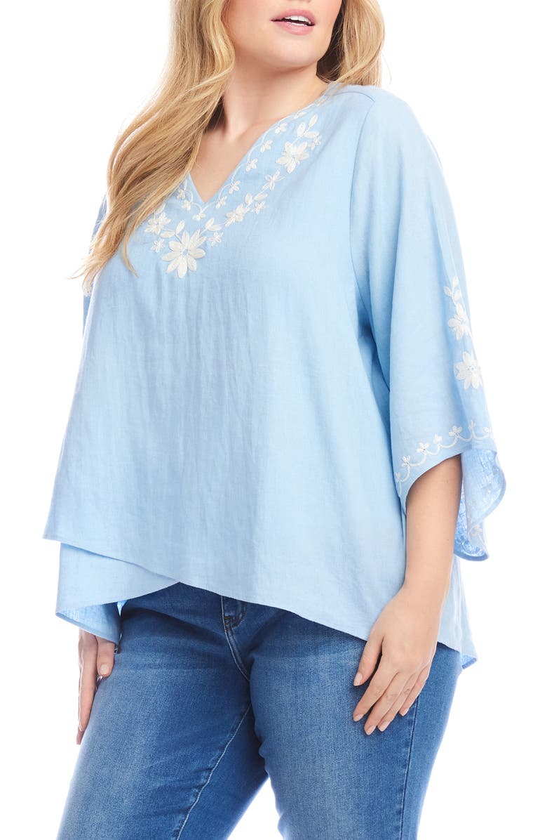 Karen Kane Floral Embroidered Asymmetric Hem Linen Blend Top, Alternate, color,