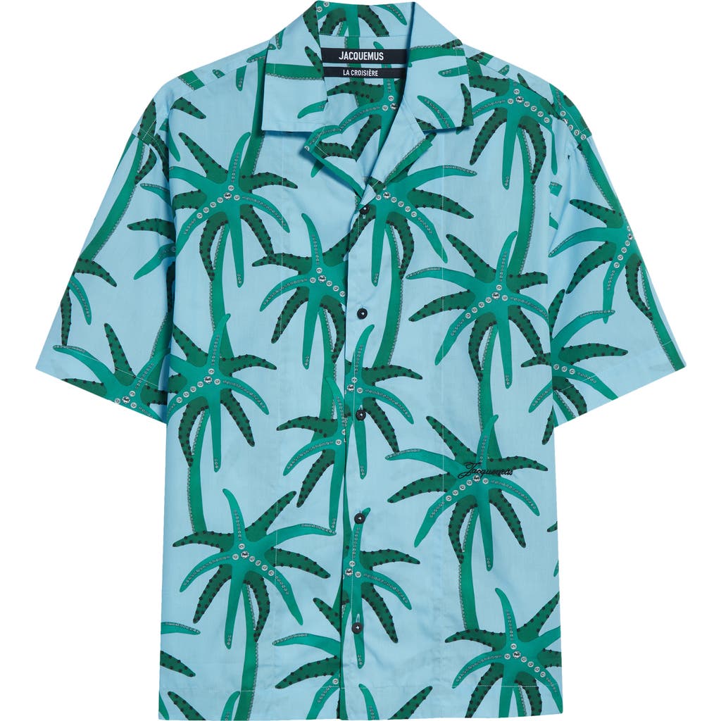 Shop Jacquemus La Chemise Jean Camp Shirt In Print Palmtrees Star Blue