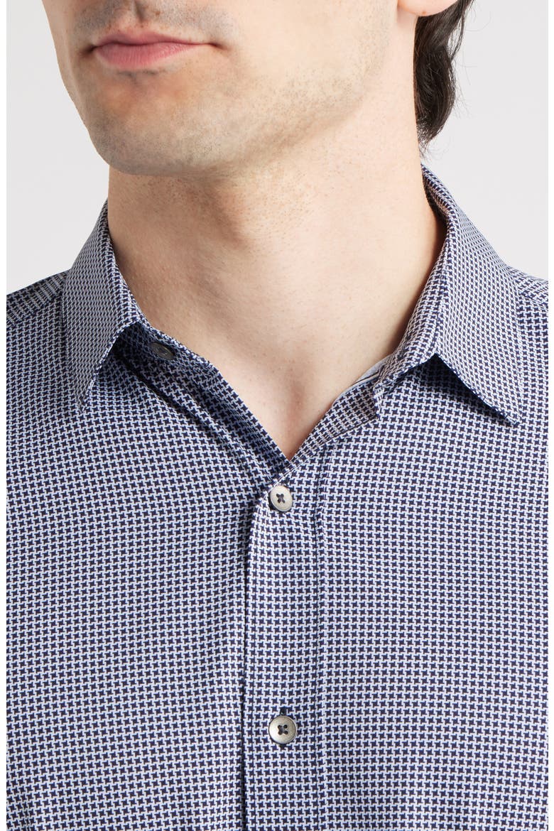 Trim Fit Houndstooth Short Sleeve Performance Button-Up Shirt, Alternate, color, WHITE/ NAVY