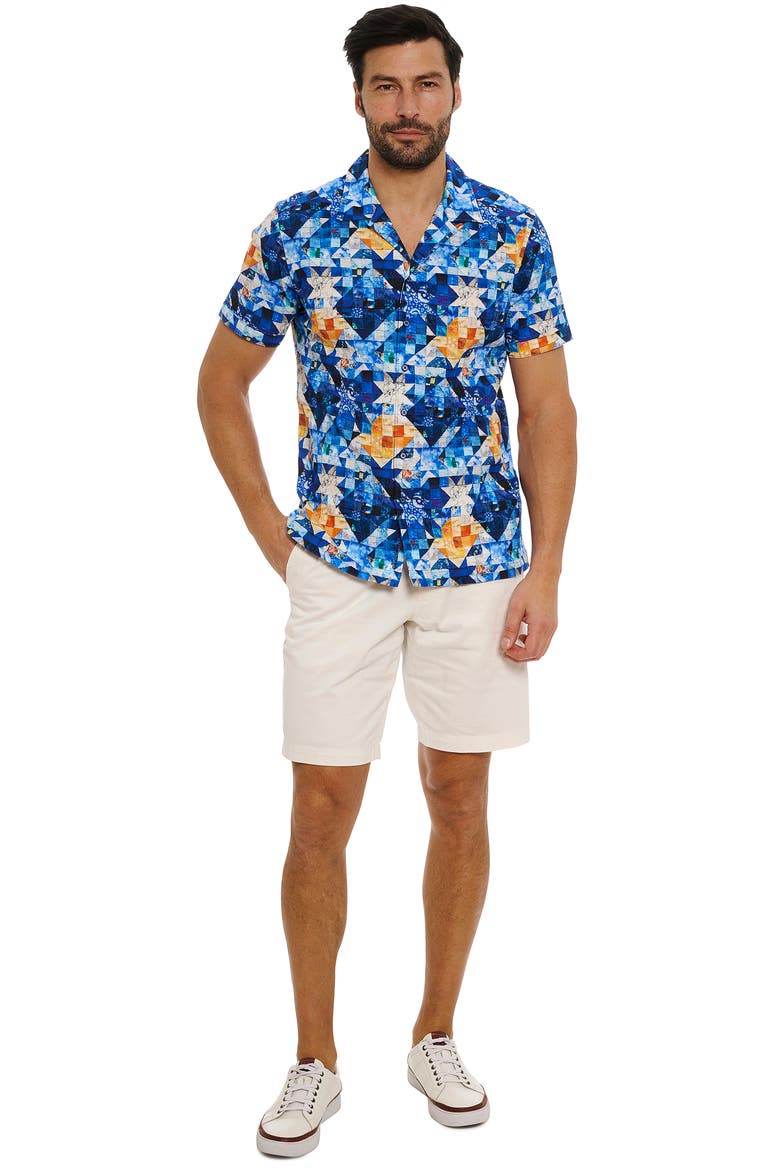 Sashiko Geometric Print Stretch Cotton Camp Shirt, Alternate, color, BLUE MULTI