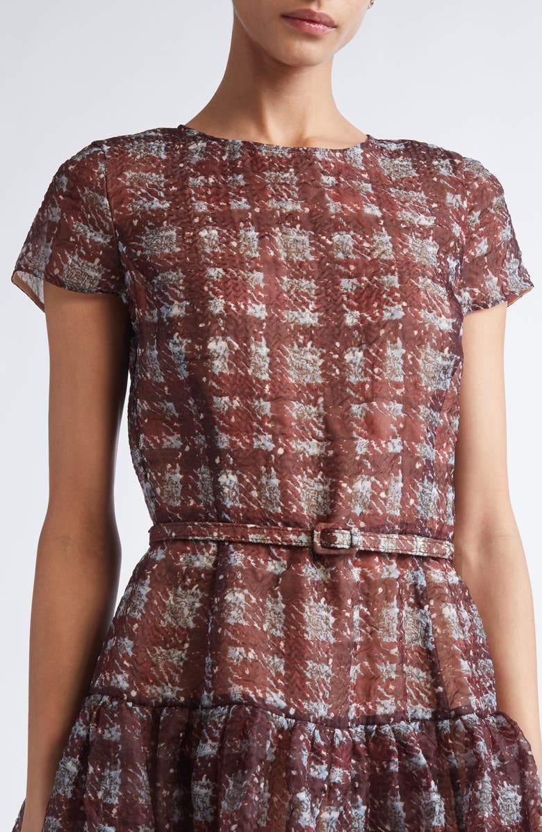 Oscar de la Renta Textured Plaid Drop Waist Dress, Alternate, color, Burgundy/ Blue