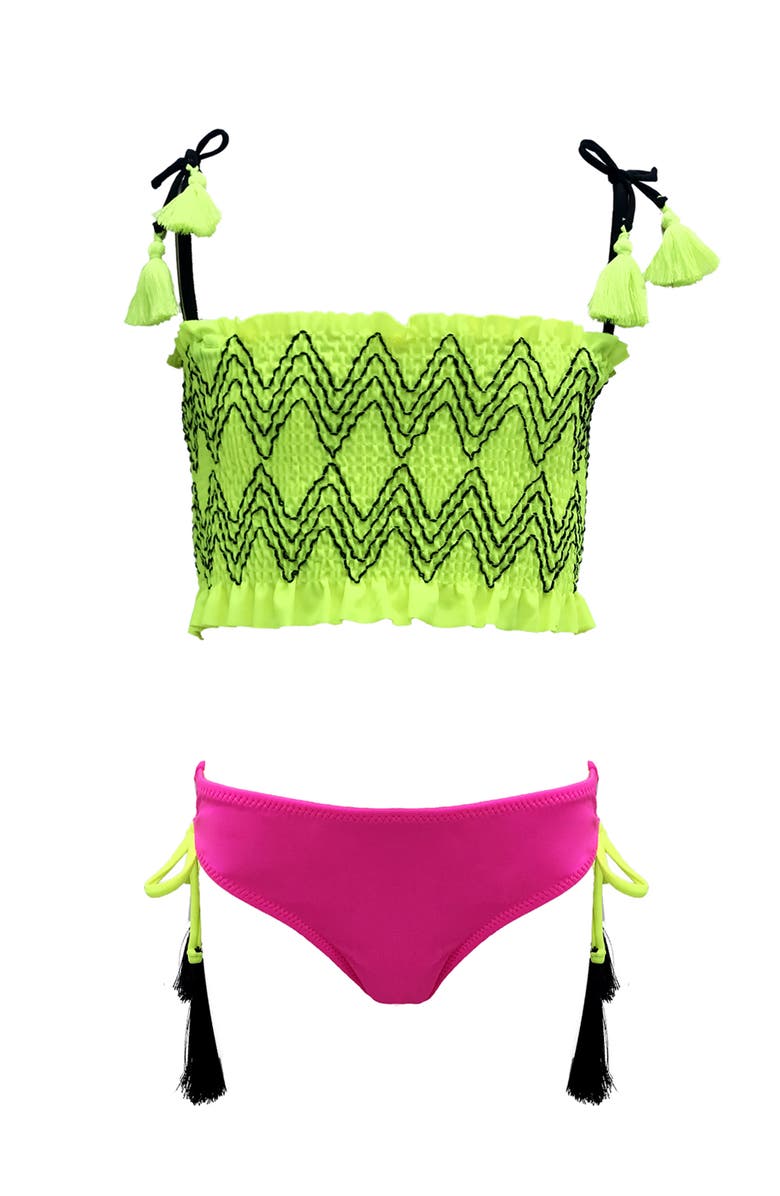 NESSI BYRD Stitch Shirred Bandeau Tassel Strap Two Piece Bikini,Toddler-Little Kid & Big Kid, Main, color, Green