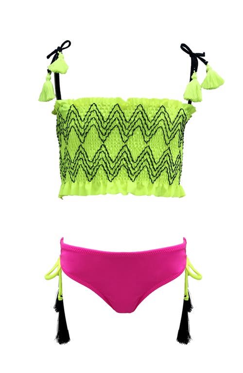 Nessi Byrd Babies' Stitch Shirred Bandeau Tassel Strap Two Piece Bikini,toddler-little Kid & Big Kid In Green