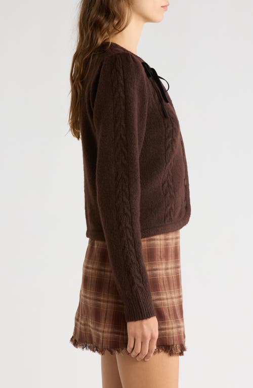 Wayf X Sara Walker Jackie Velvet Bow Cable Stitch Cardigan In Brown