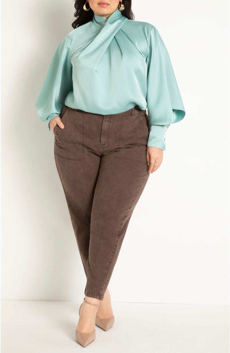 ELOQUII Draped Neck Satin Blouse, Alternate, color, Zinfandel