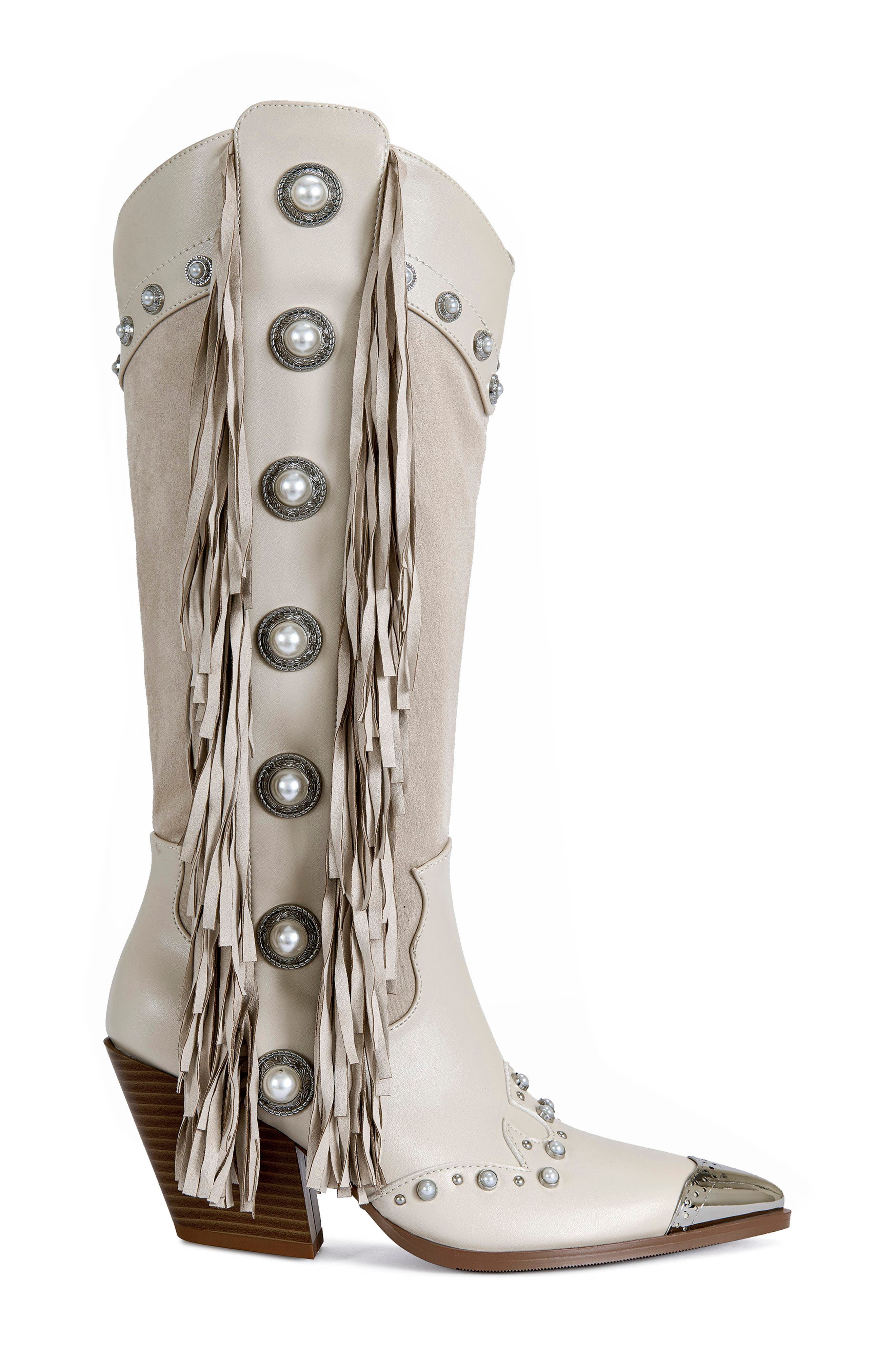 AZALEA WANG Pelagius Fringe Western Boot, Alternate, color, Cream