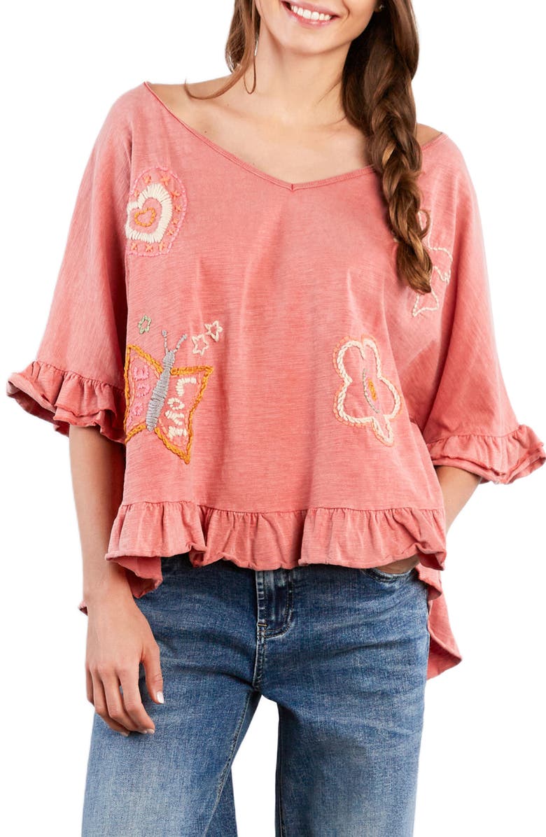 Billy T Worry Free Embroidered Ruffle Cotton Top, Main, color, Peach Tea