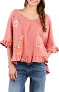 Billy T Worry Free Embroidered Ruffle Cotton Top
