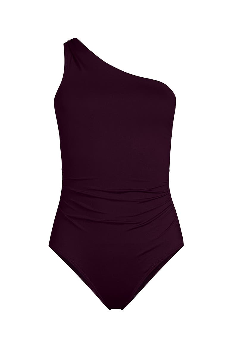 Womens Chlorine Resistant Shirred One Shoulder One Piece Swimsuit Removable Adjustable Strap, Alternate, color, Dark Wine