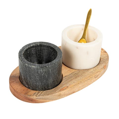 Round Marble Bowls on Mango Wood Tray with Brass Salt Spoon, White and Black, Set of 2