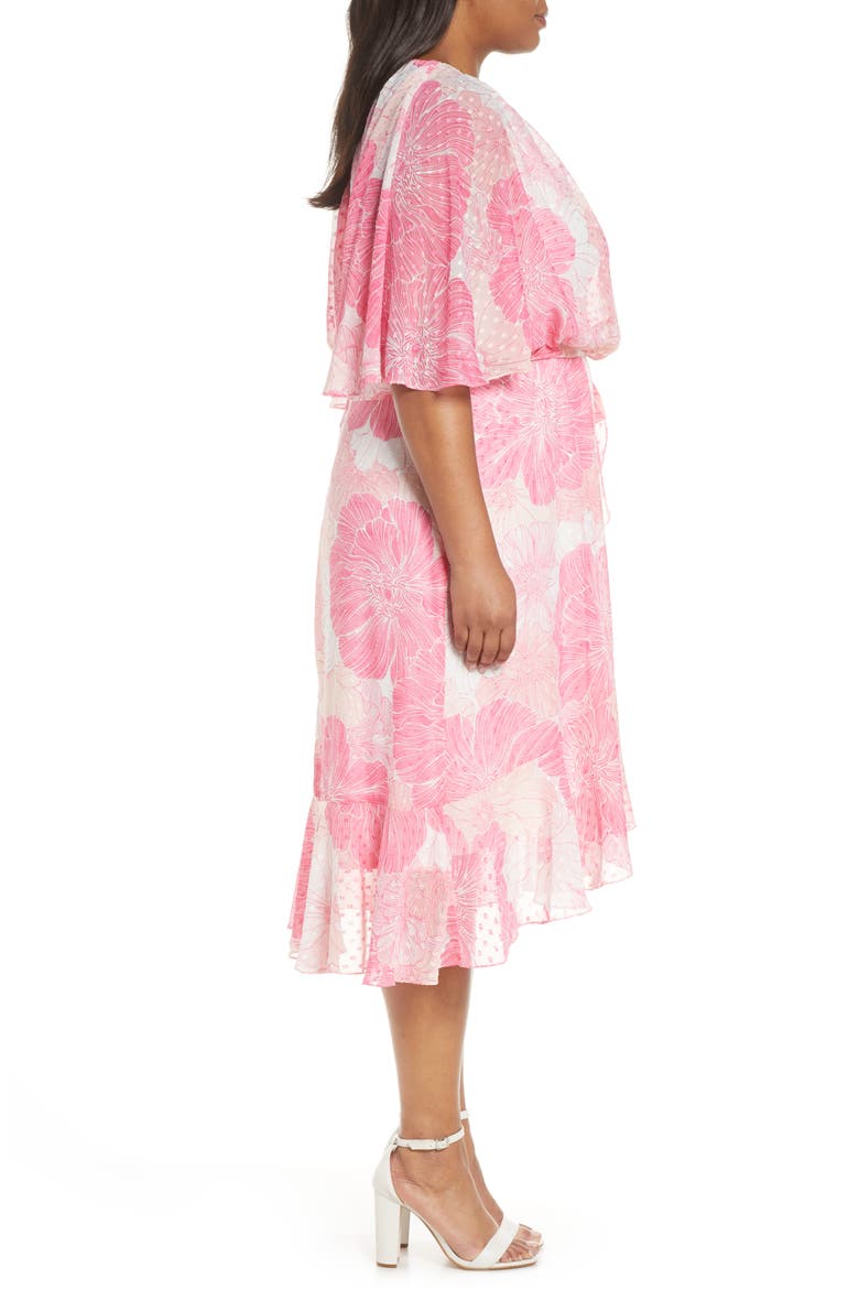 Floral Flutter Sleeve Clip Dot Chiffon Blouson Dress, Alternate, color, HOT PINK/ IVORY