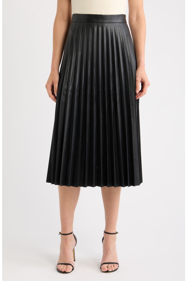 Pleated Faux Leather Midi Skirt, Main, color, BLACK