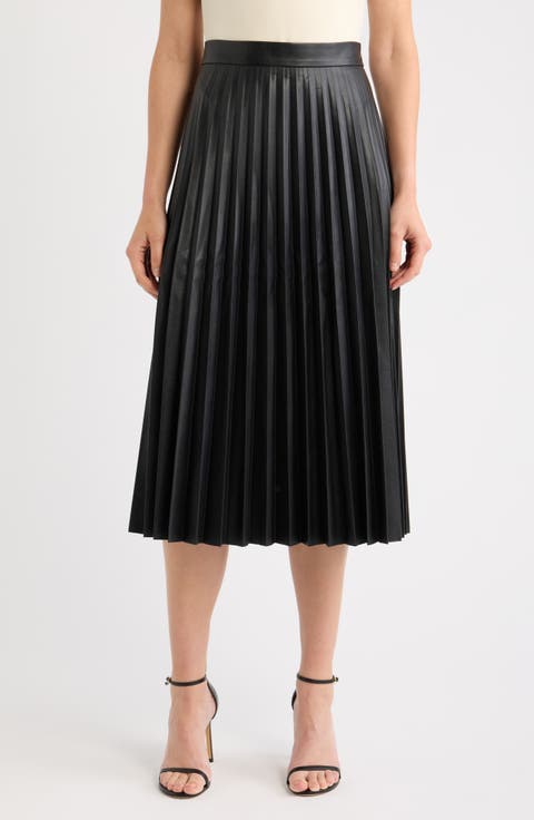 Pleated Faux Leather Midi Skirt