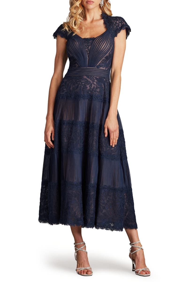 Tadashi Shoji Pintuck Pleat Embroidery Detail Cocktail Midi Dress, Main, color, Navy/ Nude