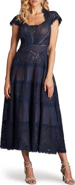 Tadashi Shoji Pintuck Pleat Embroidery Detail Cocktail Midi Dress