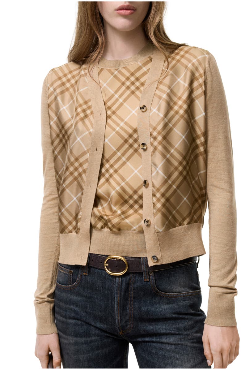 Burberry Check Panel Wool Silk Cardigan, Main, color, Camel