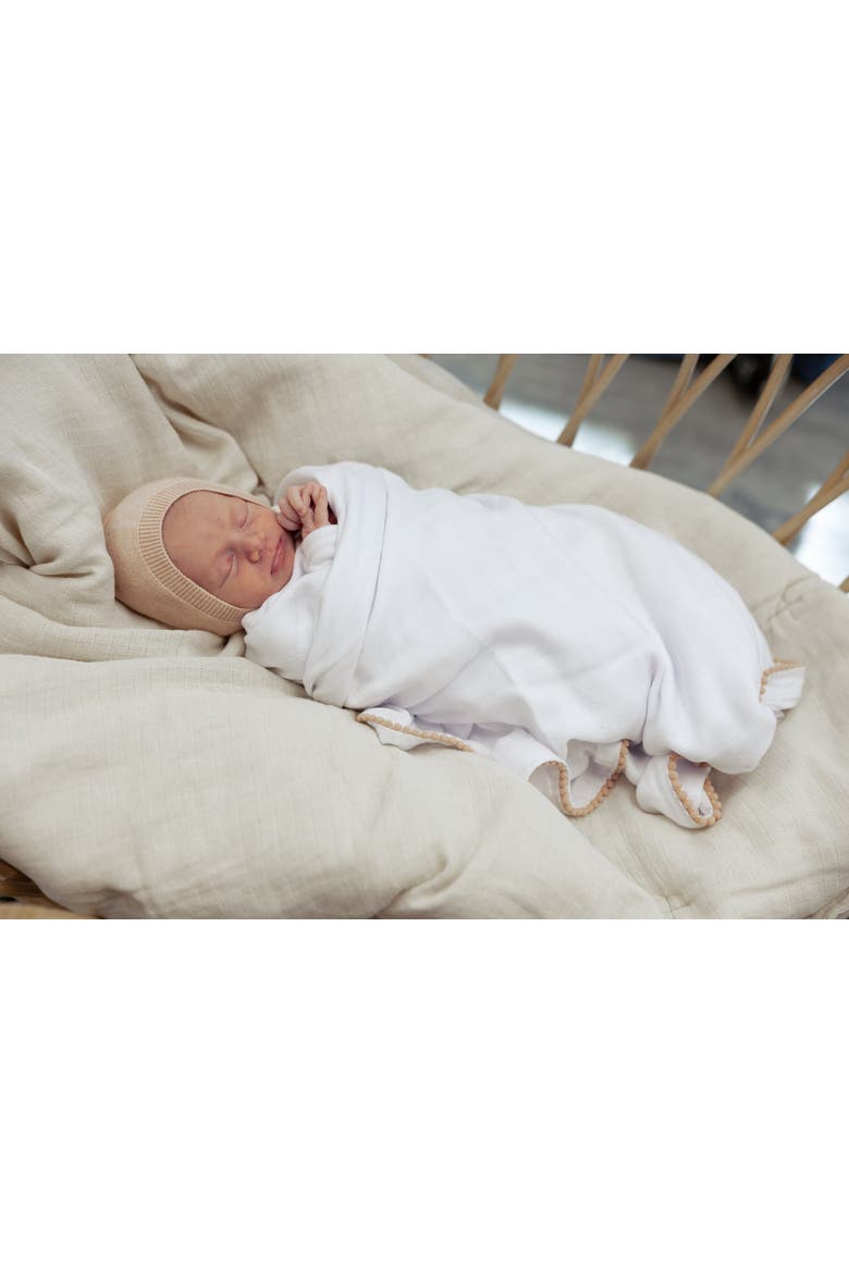 Cotton Pom Pom Trim Swaddle, Alternate, color, White/Blue
