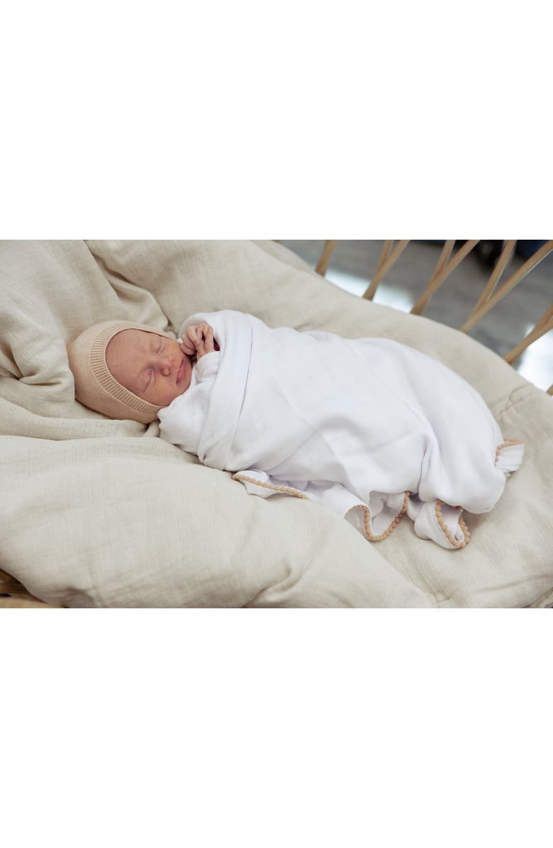 Bebe Bella Cotton Pom Pom Trim Swaddle, Alternate, color, White/Blue