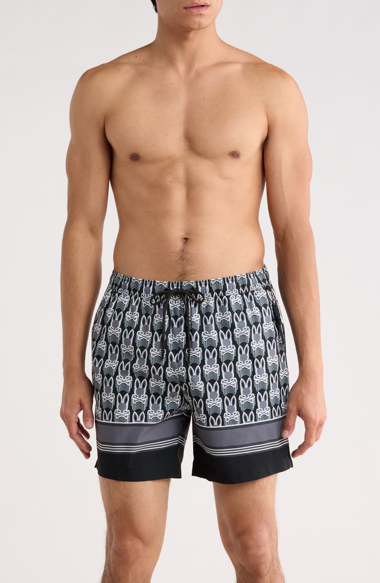 Psycho Bunny Jake Print Swim Trunks, Main, color, Black