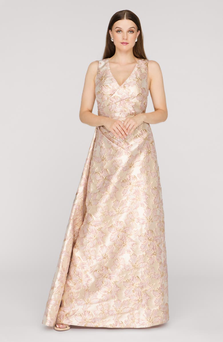 JS Collections Deborah A-Line Jacquard Gown, Alternate, color, Gold/ Blush