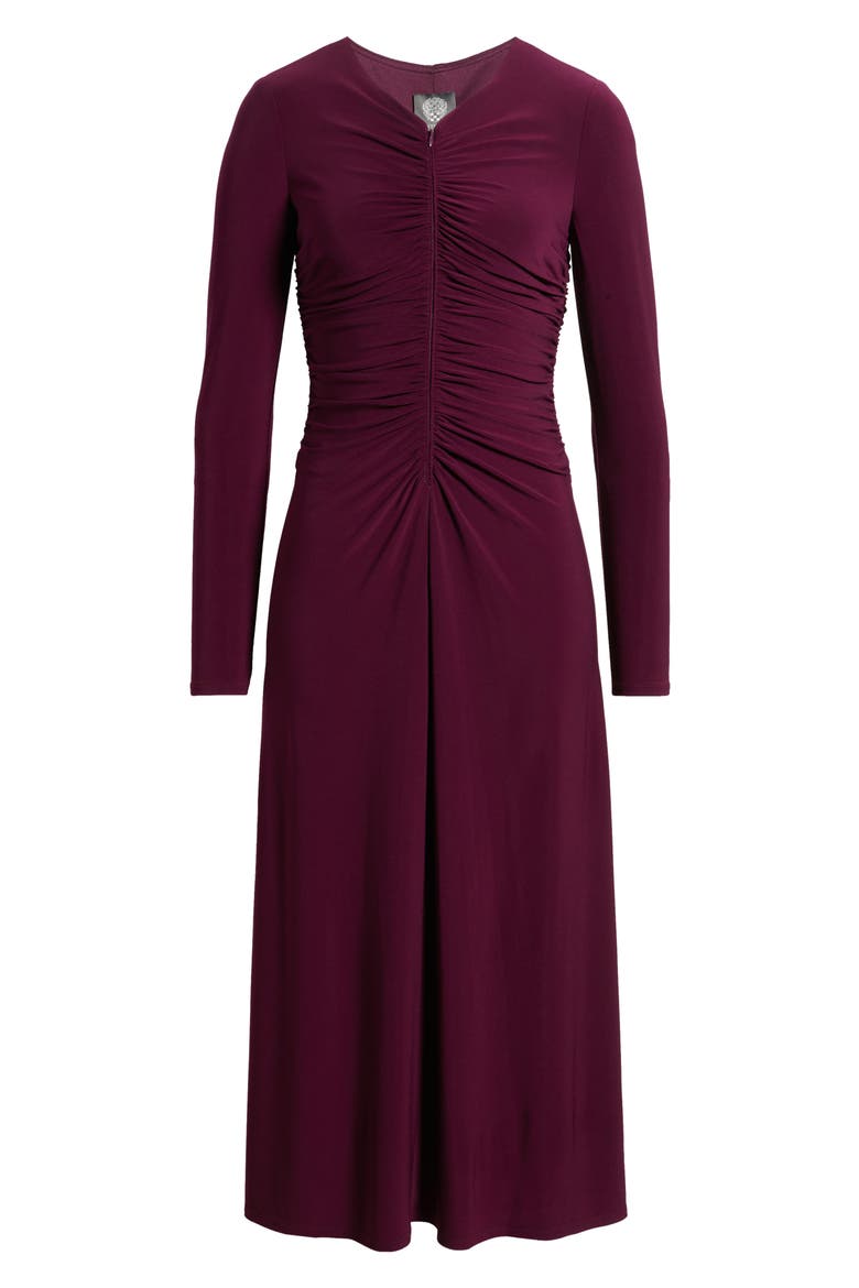 Shirred Long Sleeve V-Neck Dress, Alternate, color, AUBERGINE