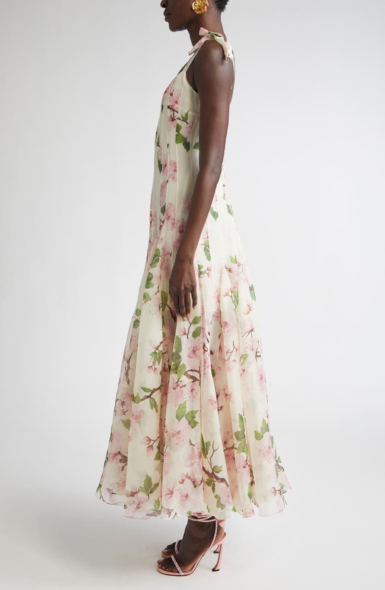 Oscar de la Renta Cherry Blossom Print Pleated Organza, Alternate, color, Pink/ Ivory