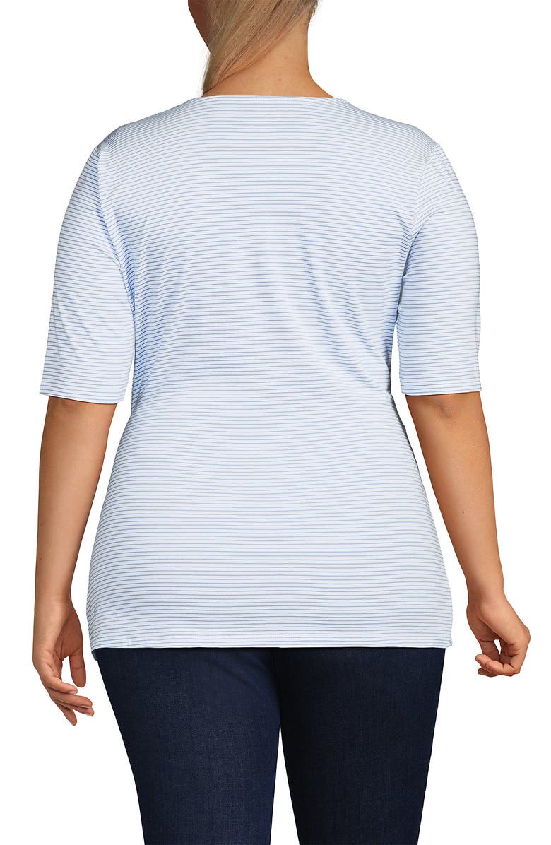 Lands' End Elbow Sleeve Lightweight Jersey Side Tie Blouse, Alternate, color, White/Periwinkle Tiny Stripe