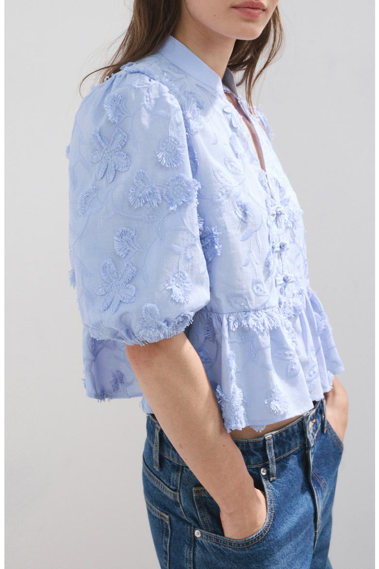 Floral Puff Sleeve Peplum Top, Alternate, color, SKY BLUE