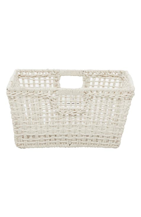 White Cotton Bohemian Storage Basket with Handles