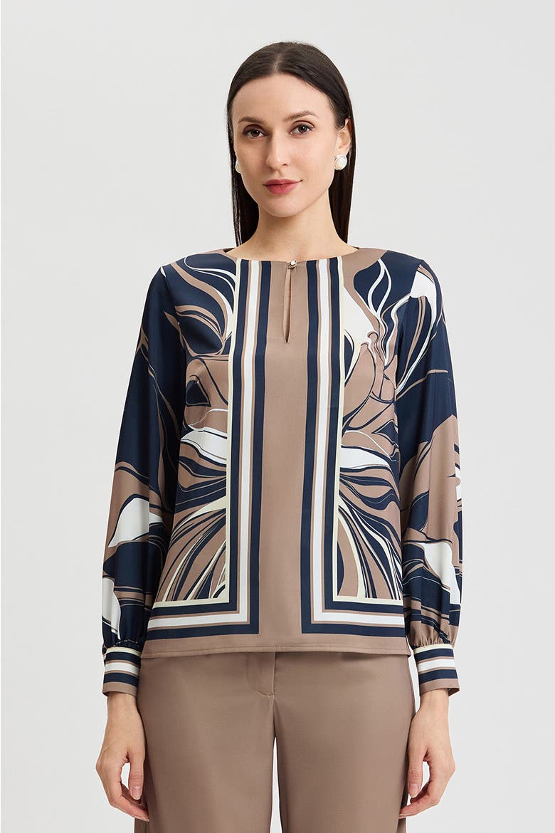 Floral Abstract Crepe de Chine Blouse, Main, color, Warm Taupe/Indigo/Ivory