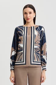 Ming Wang Floral Abstract Crepe de Chine Blouse