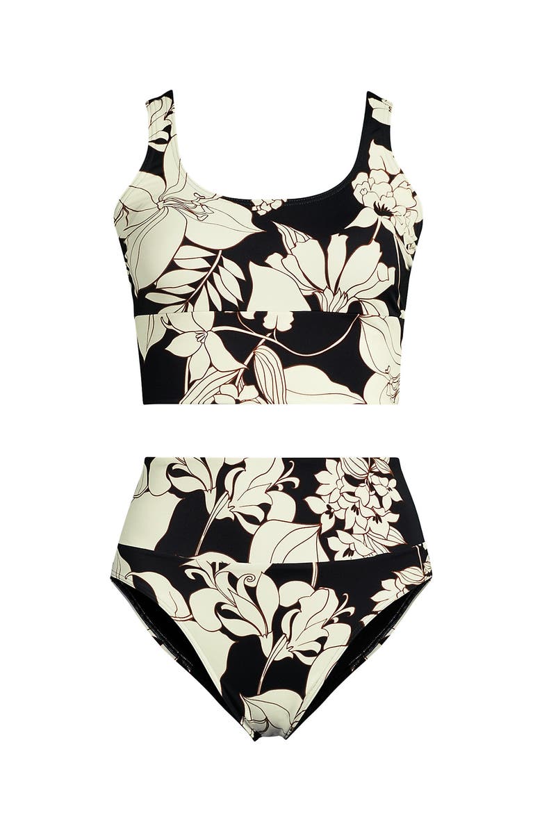 Lands' End Plus Size Tugless Midkini Top and High Waisted Bottom Swimsuit Set, Alternate, color, Black/Egret Lilies