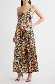 Tahari ASL Mixed Print Satin Charmeuse Maxi Dress