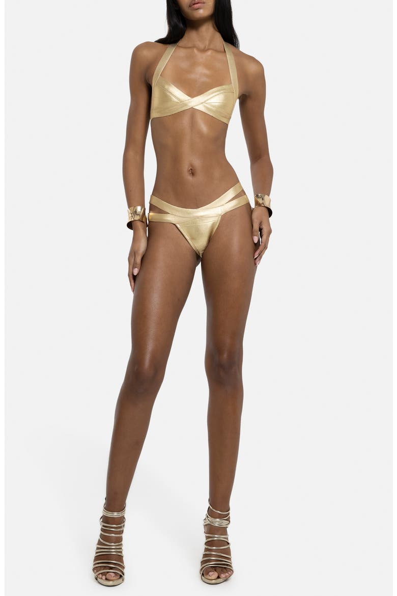Metallic Bandage Halter Bikini Top, Alternate, color, GOLD