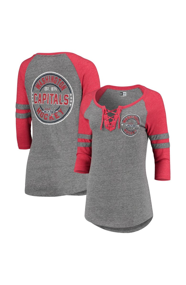 5TH AND OCEAN BY NEW ERA Women's 5th & Ocean by New Era Heathered Gray Washington Capitals Lace Stripes Raglan Half-Sleeve Tri-Blend T-Shirt, Main, color, 
