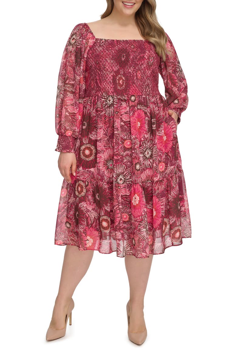 Floral Long Sleeve Smocked Chiffon Fit & Flare Dress, Main, color, BERRY