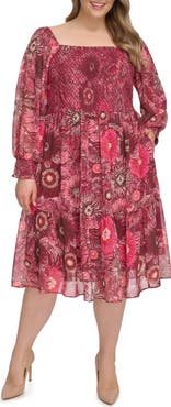 Vince Camuto Floral Long Sleeve Smocked Chiffon Fit & Flare Dress
