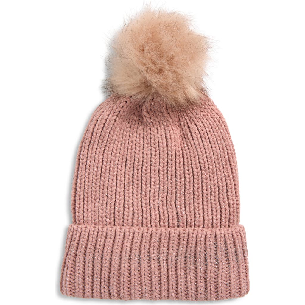 Tasha Faux Fur Pom Sparkle Beanie In Pink