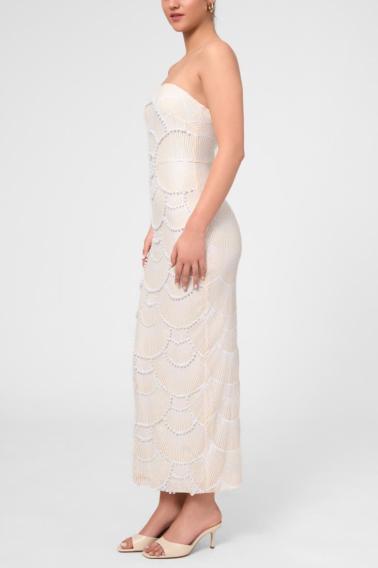Gaia Strapeless Pearl Midi Dress, Alternate, color, White