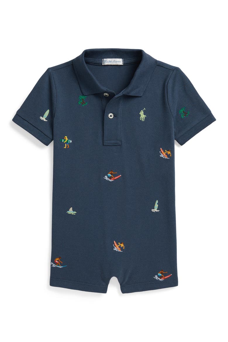 Surf Embroidered Polo Romper, Main, color, CLANCY BLUE