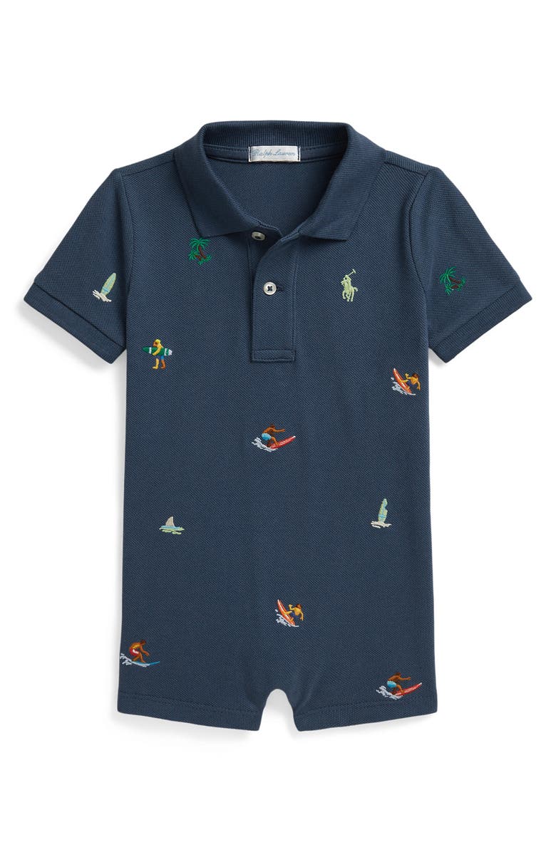 Ralph Lauren Surf Embroidered Polo Romper, Main, color, Clancy Blue