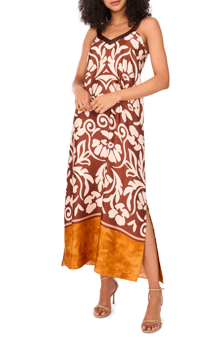 Floral Border Print Sleeveless Satin Maxi Dress, Main, color, CAFE