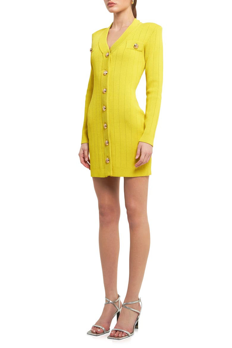Padded Shoulder Long Sleeve Button-Up Sweater Minidress, Alternate, color, YELLOW