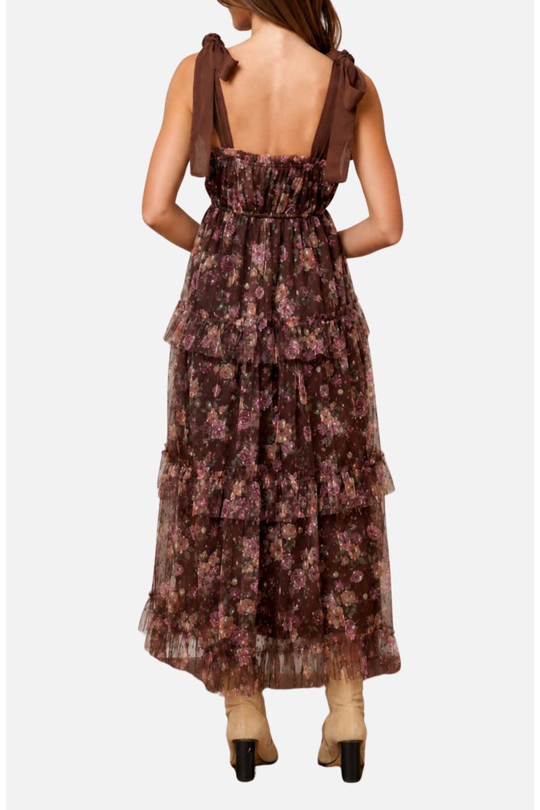 Tie Strap Ruffle Tiered Floral Chiffon Midi Dress, Alternate, color, BROWN MULTI