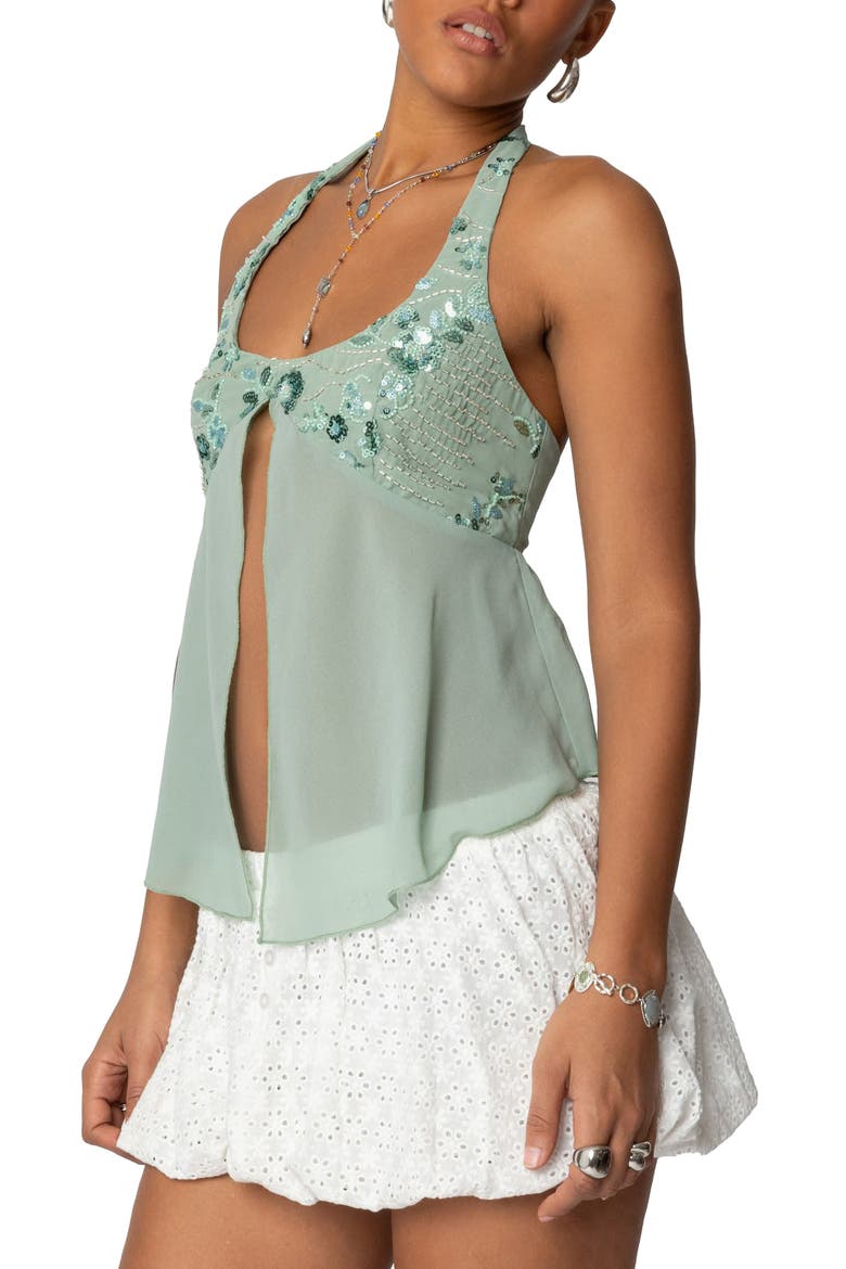 Floral Sequin Split Chiffon Halter Top, Alternate, color, SAGE