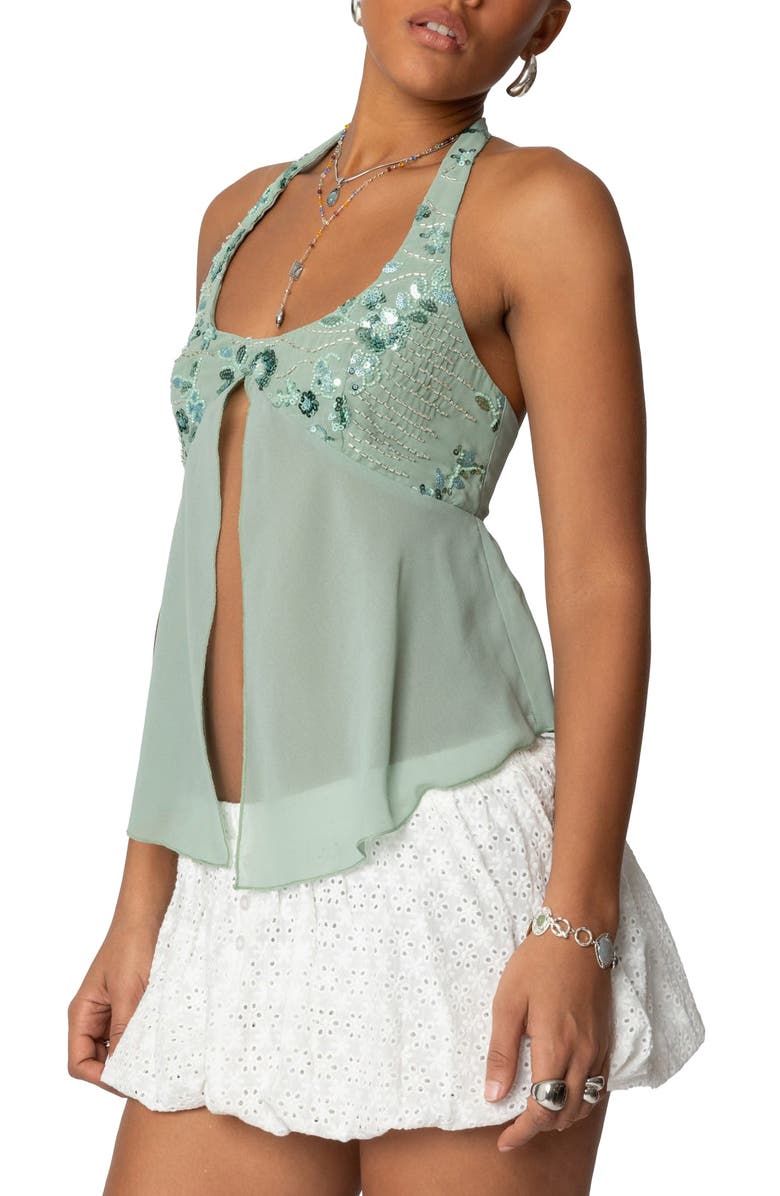 EDIKTED Floral Sequin Split Chiffon Halter Top, Alternate, color, Sage