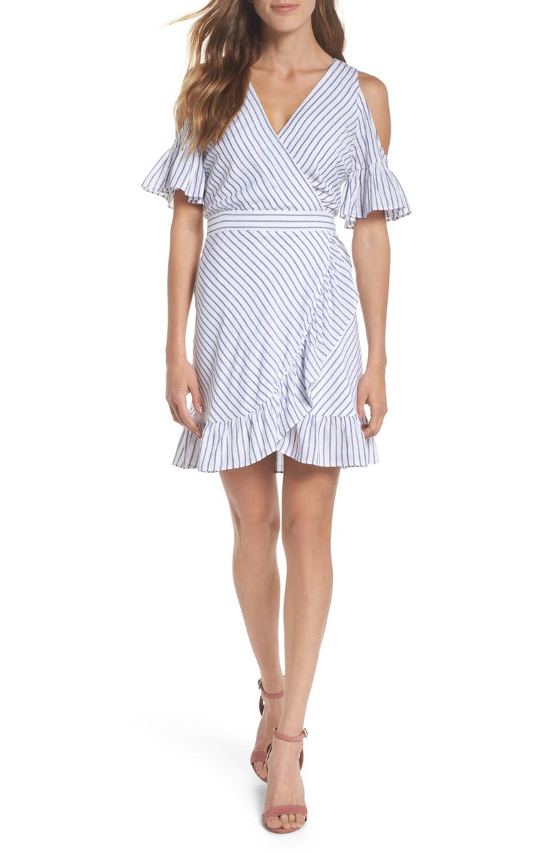 BB Dakota by Steve Madden BB Dakota Stripe Ruffle Cold Shoulder Dress, Main, color, 
