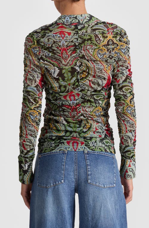 Alice And Olivia Portia Ruched Mesh Button Down Paisley Poem In Green